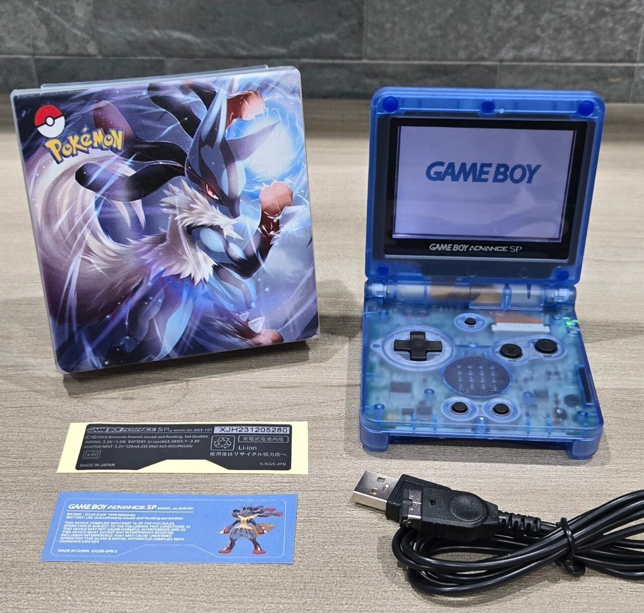 Nintendo Gameboy Advance SP Lucario Pokémon Reshell Glass Screen & New Battery