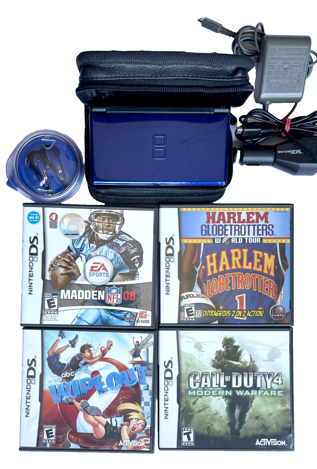 NINTENDO DS LITE DARK BLUE GAME CONSOLE WITH 4 GAMES, EARBUDS, CASE & 2 CHARGERS