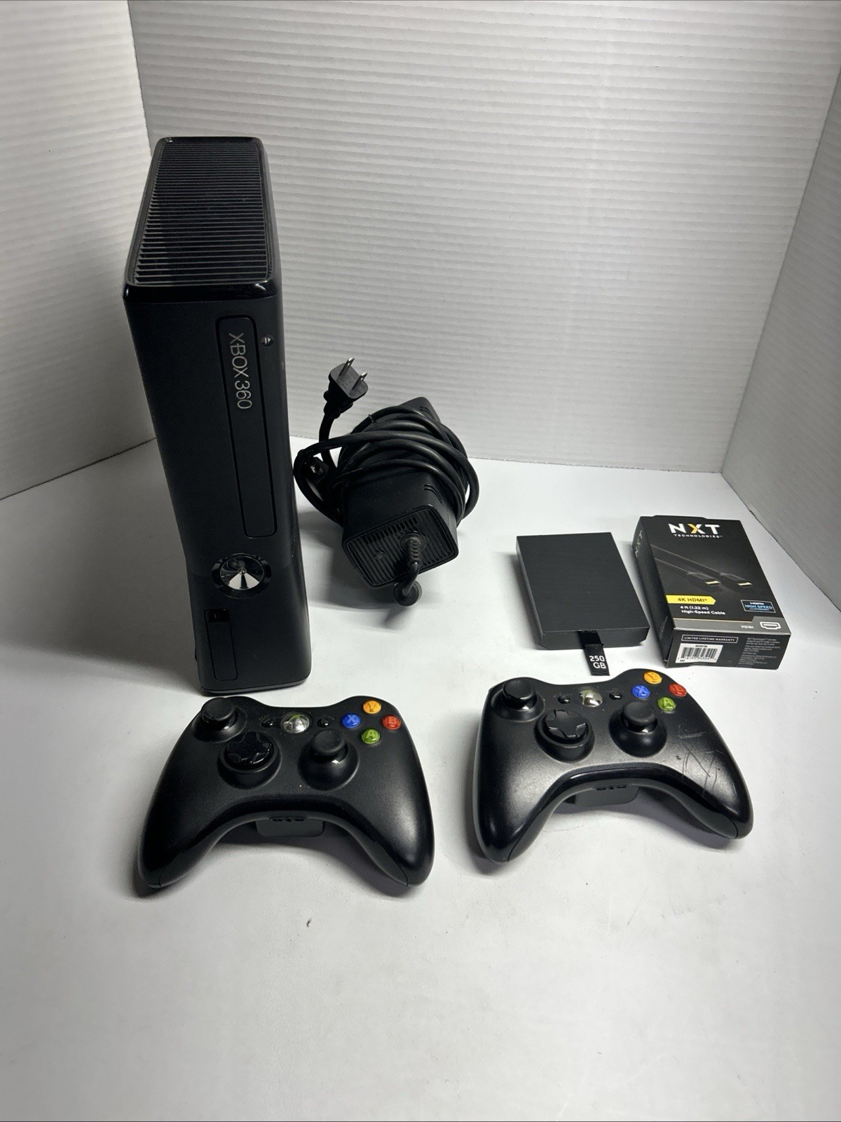 Xbox 360 S Slim Console 250GB HDMI 2 Controllers & Power Cable Tested