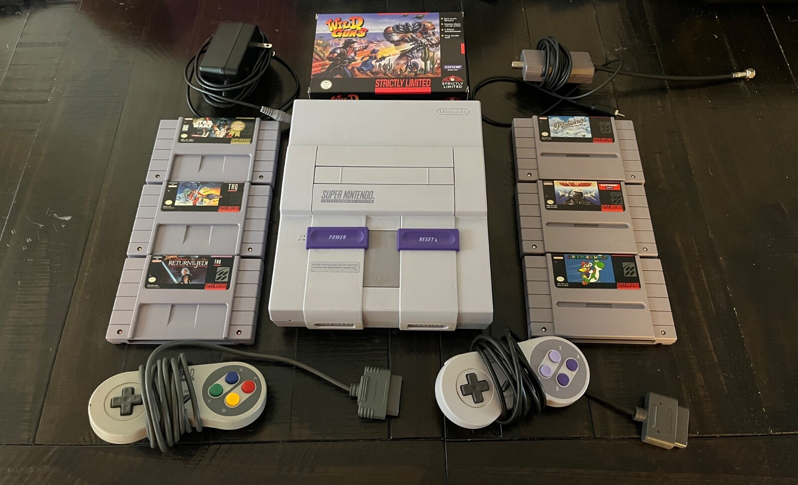 SNES Super Nintendo Console Bundle – 2 Controllers, 7 Games, & Cords