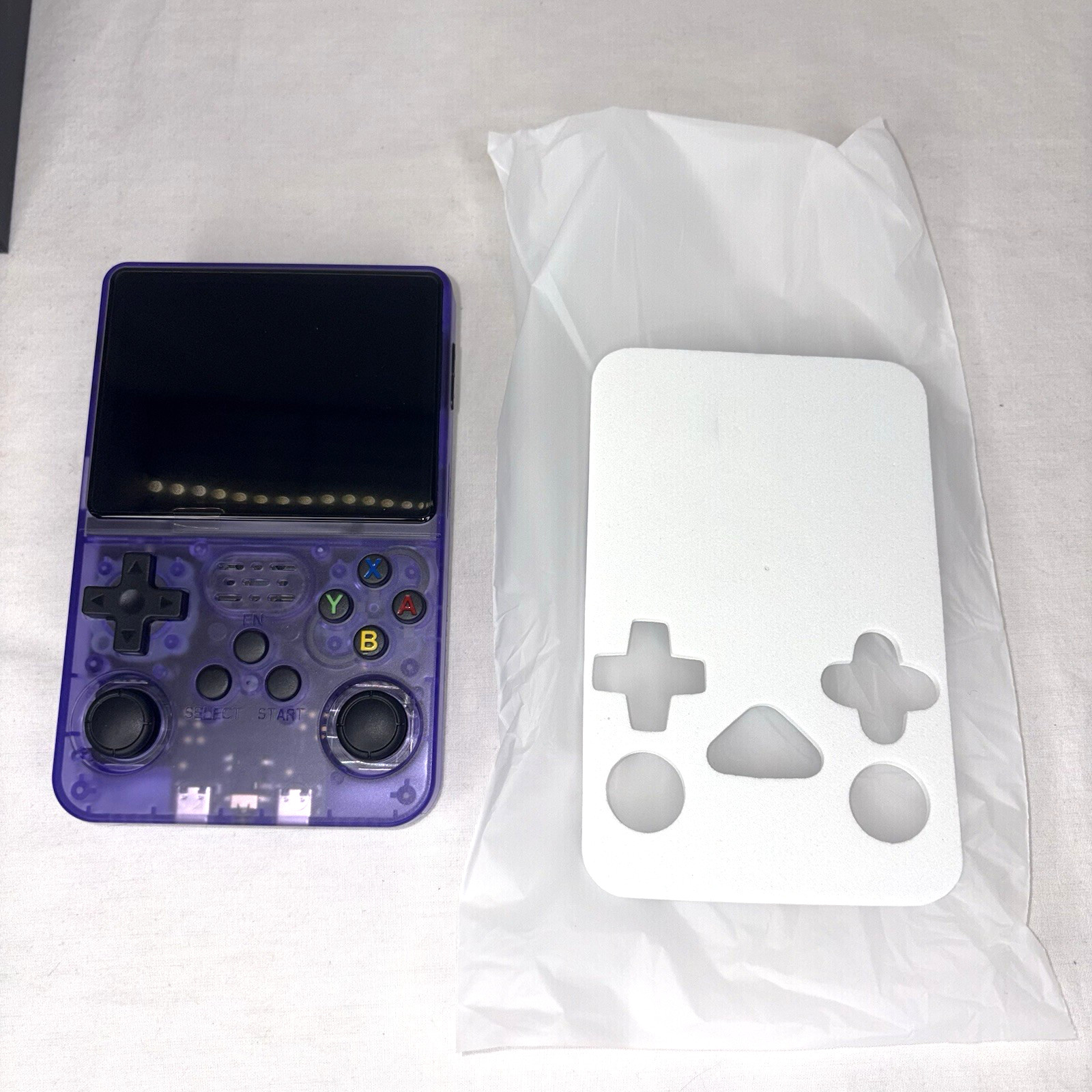 R36S Retro Handheld Game Console Clear Purple Travel Portable