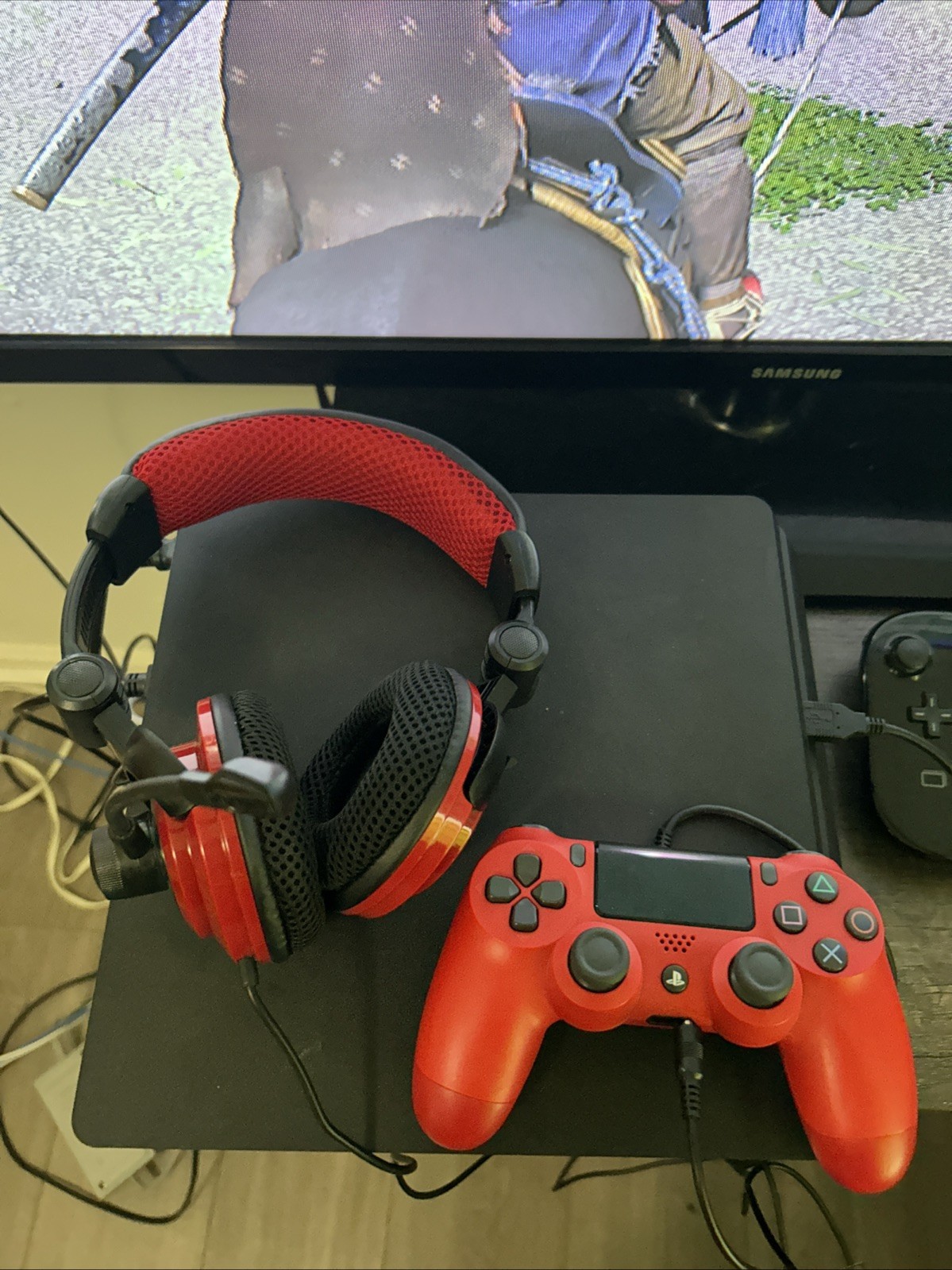 Sony PlayStation 4 Slim 500GB Home Console – Black With Red Controller Headset