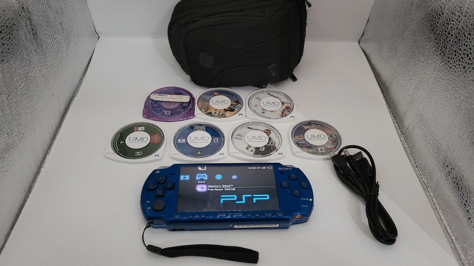 Sony PSP 2001 Blue Console Bundle Tested Working + 7 Games Charger Carrying Case