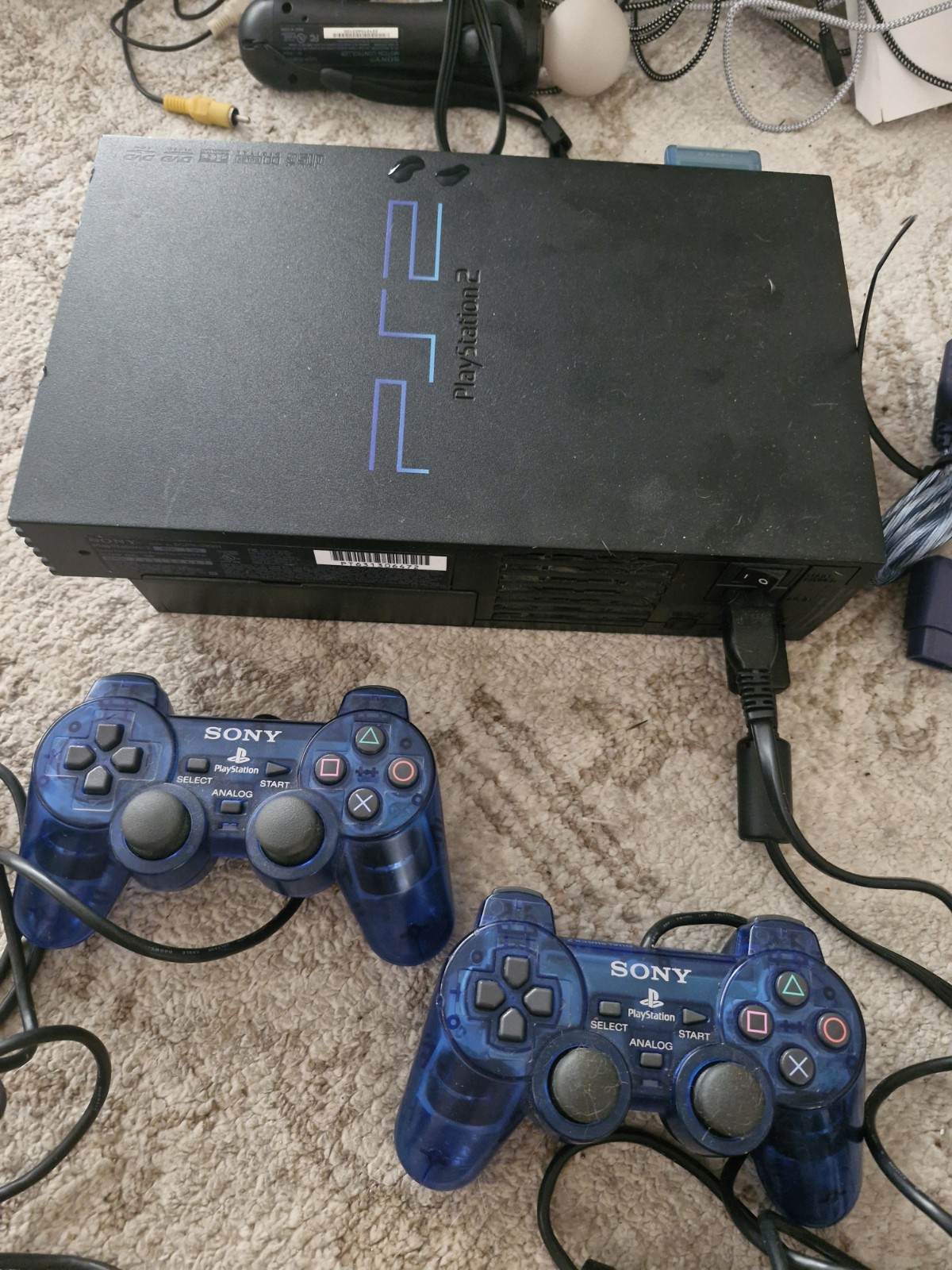 Playstation 2 PS2 Fat Black Game Console 2 OEM Controllers Extender Memory Card