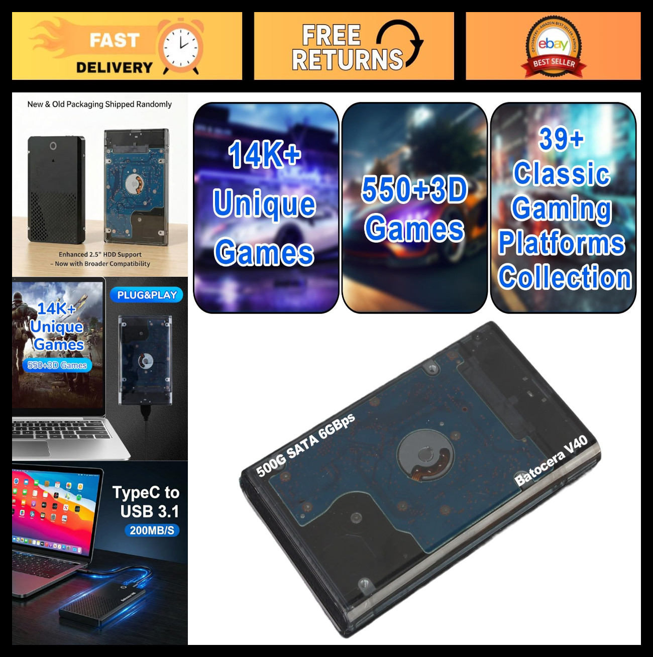 Portable Retro Game Emulator Console – 500GB, 14.5K+ Games, Plug & Play, USB-C,
