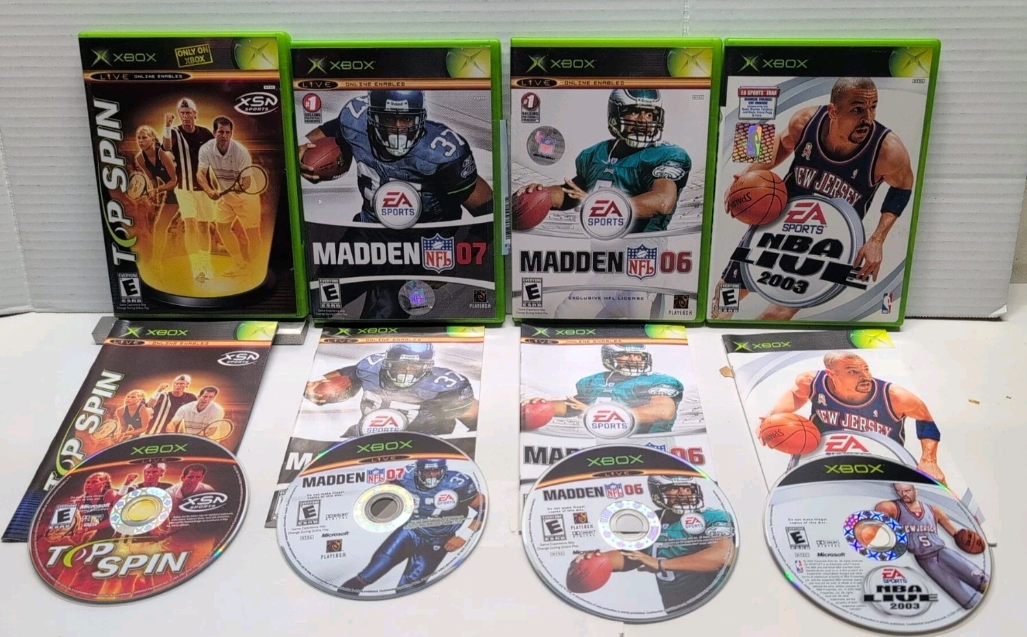 MICROSOFT ORIGINAL XBOX SPORTS LOT OF 4 (TOP SPIN,MADDEN 06-07,NBA LIVE 03)WORKS