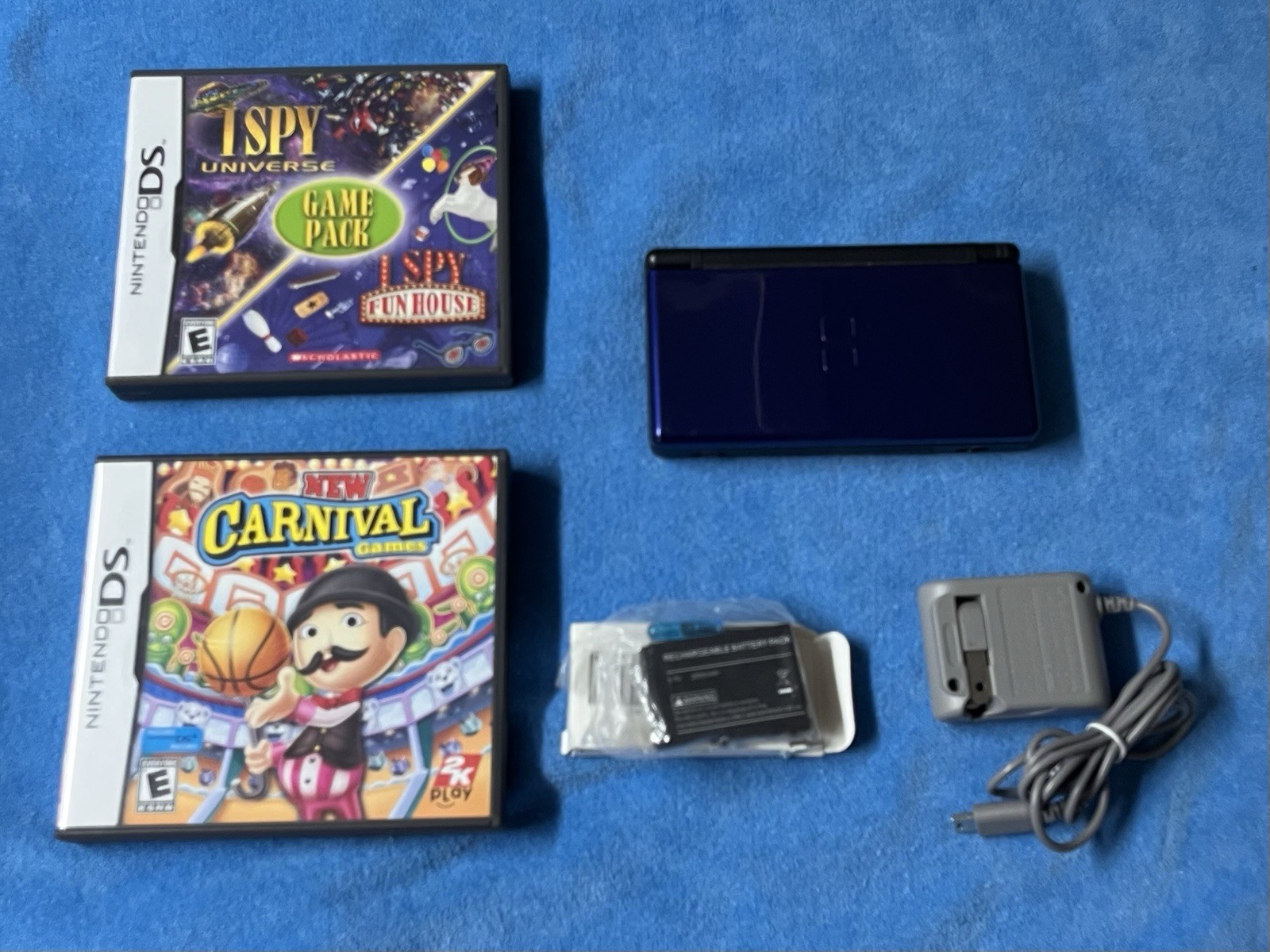 Nintendo DS Lite Cobalt Blue Console Stylus Charger & 3 Games Tested