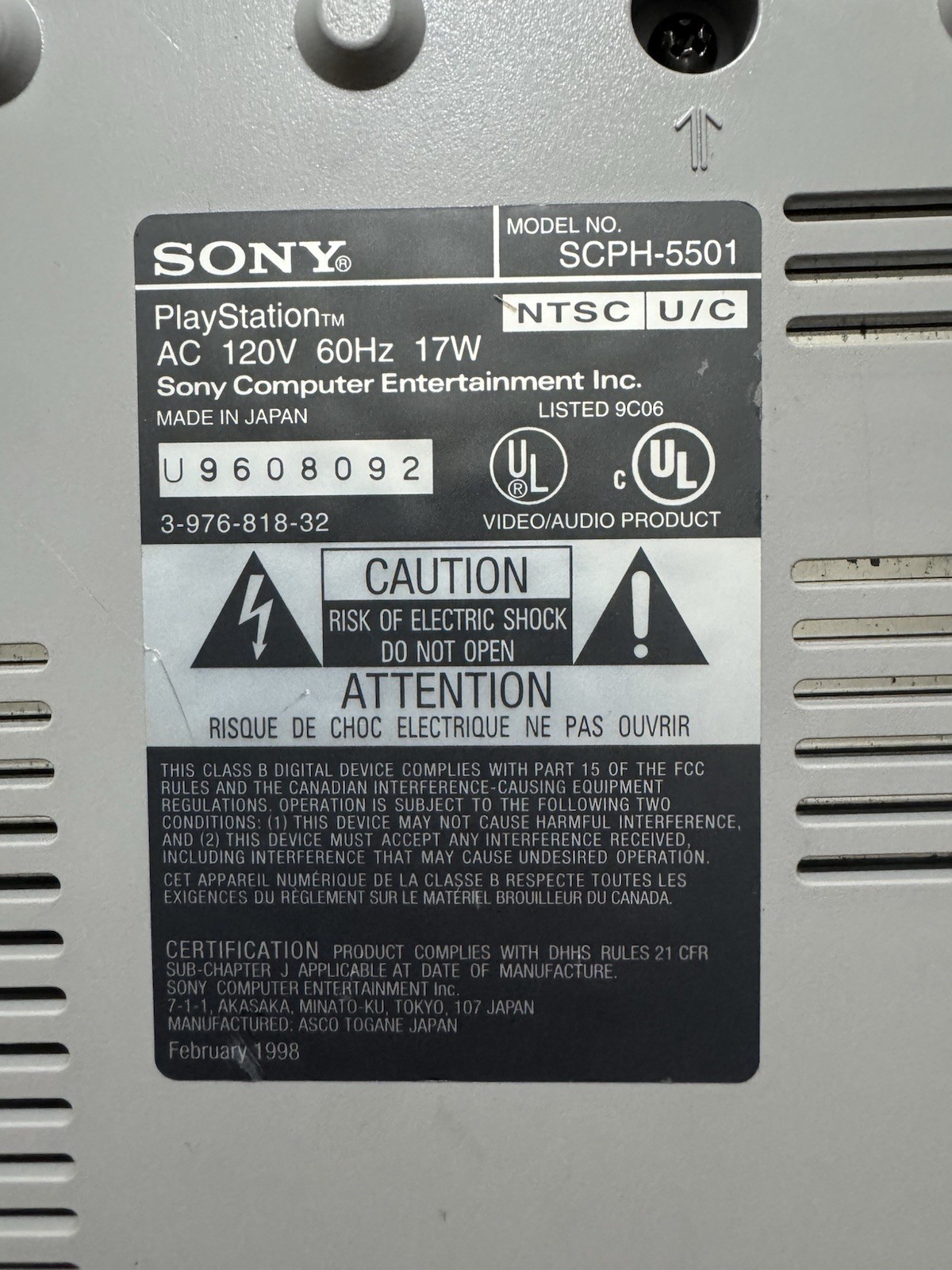 Sony PlayStation SCPH-5501 Console NTSC-U/C Gray Composite RCA Memory Card
