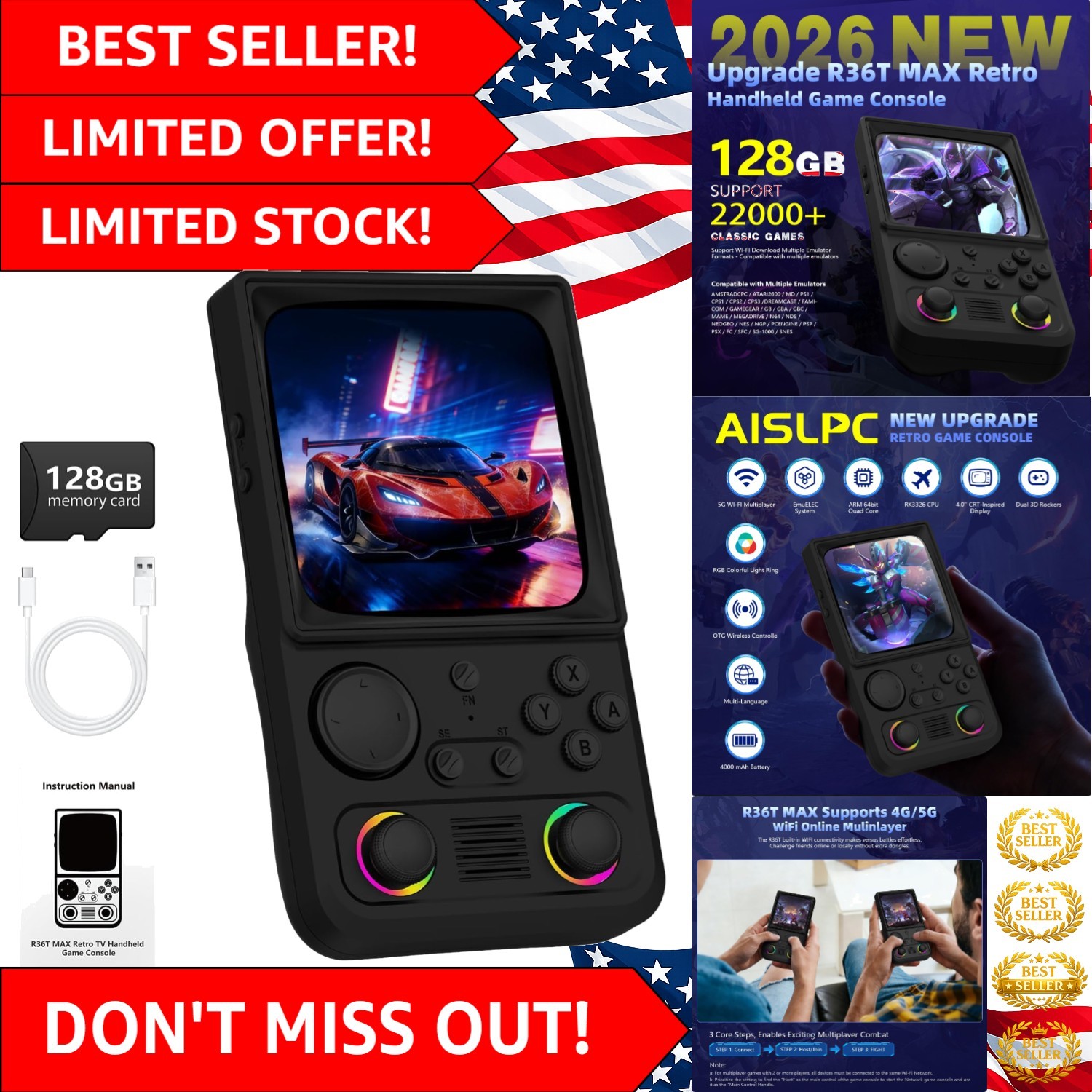 R36TMAX Gaming Console – 64GB Retro Handheld, IPS Display, RGB Lighting Effects