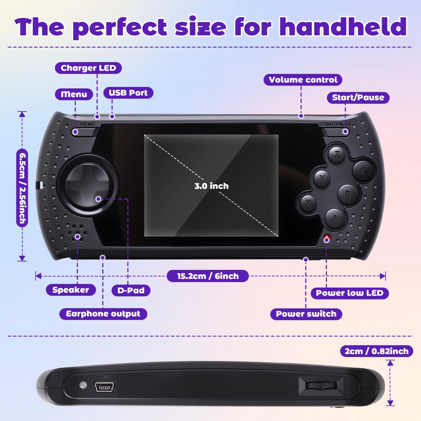 16 Bit Handheld Game Console – 230 Retro Video Games, USB Rechargeable, 3″ Porta