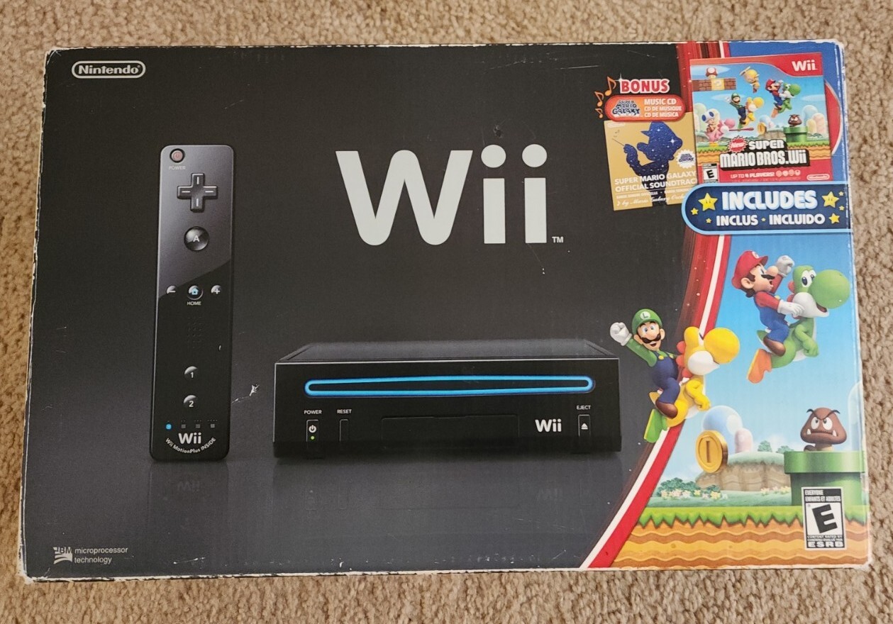 RARE! Nintendo Wii Holiday Bundle Black Console with Mario Game & Music CD. CIB!