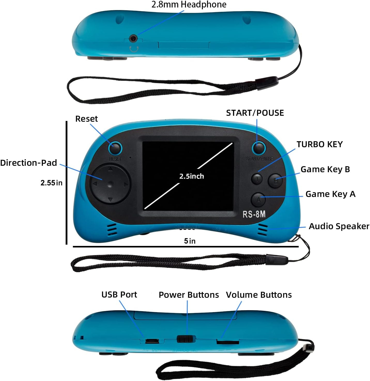 16 Bit Portable Game Player with 220 Built-In Games for Kids Ages 3-10 (Blue)
