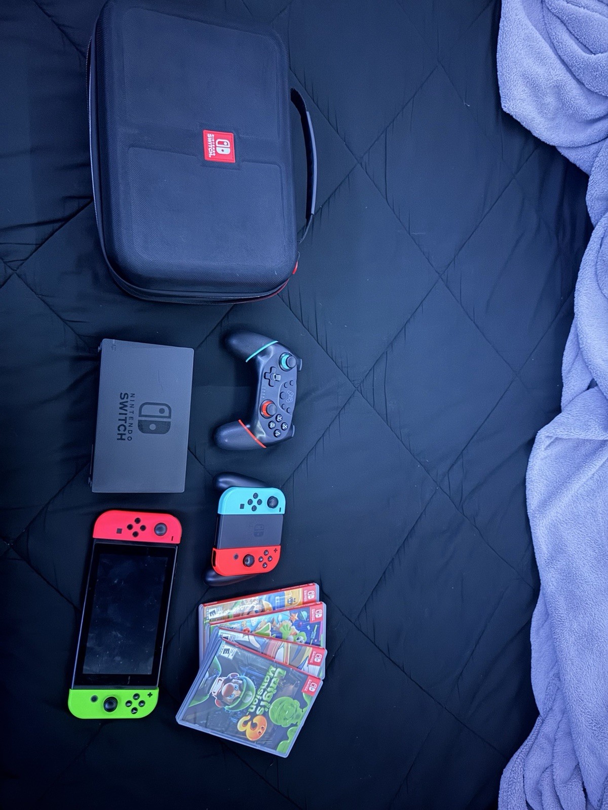 Nintendo Switch Console Neon Red & Green Joy-Con, Pro Controller, Case, 4 Games