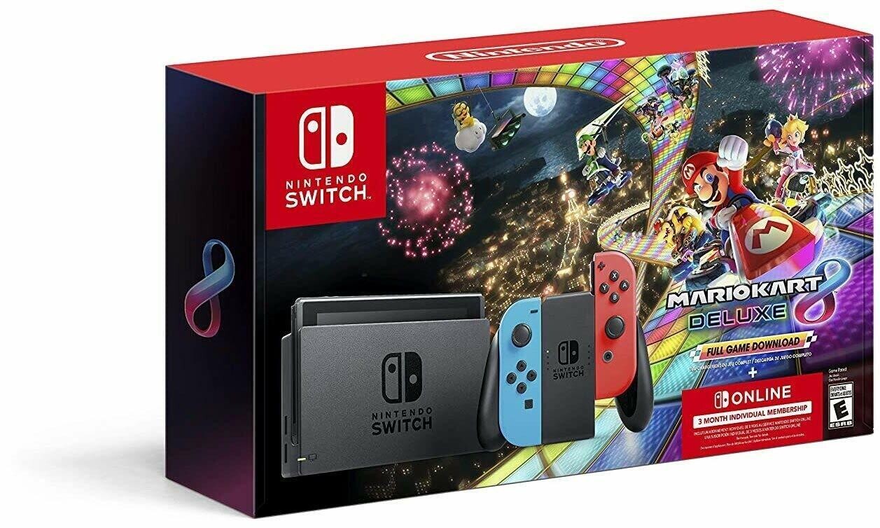 Nintendo Switch Console & Mario Kart 8 Deluxe & Blue Red Controls Free Online 3m
