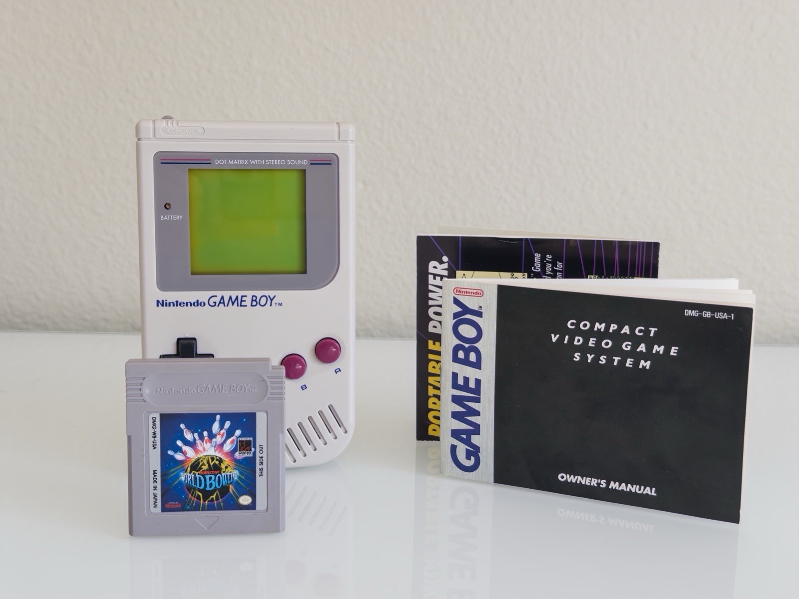 Original Gameboy DMG-01 with World Bowling, Owners Manual NEW SCREEN & RESTORED