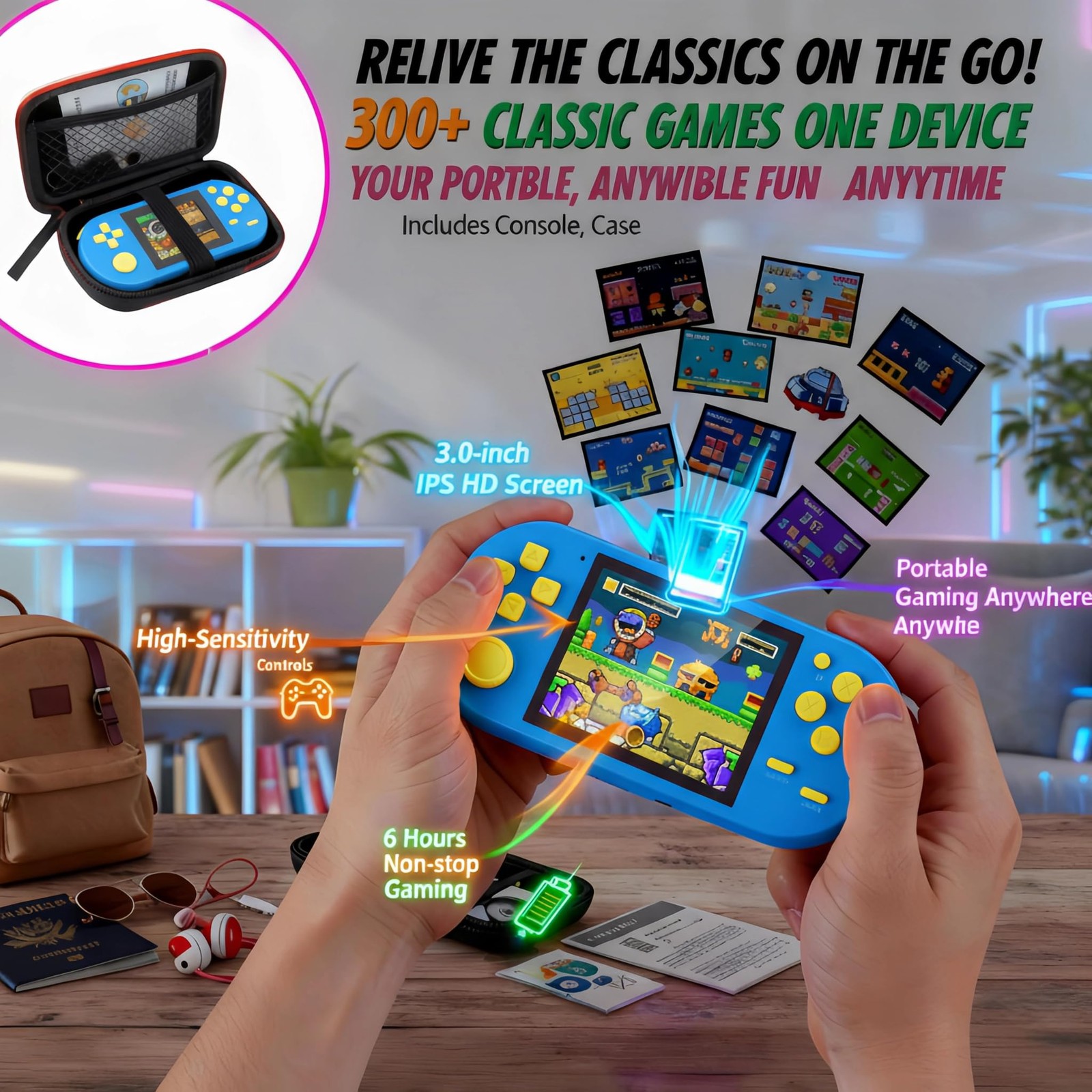 16-Bit Handheld Game Console – 3 Inch HD Screen 300-in-1 Retro Games – Portab…