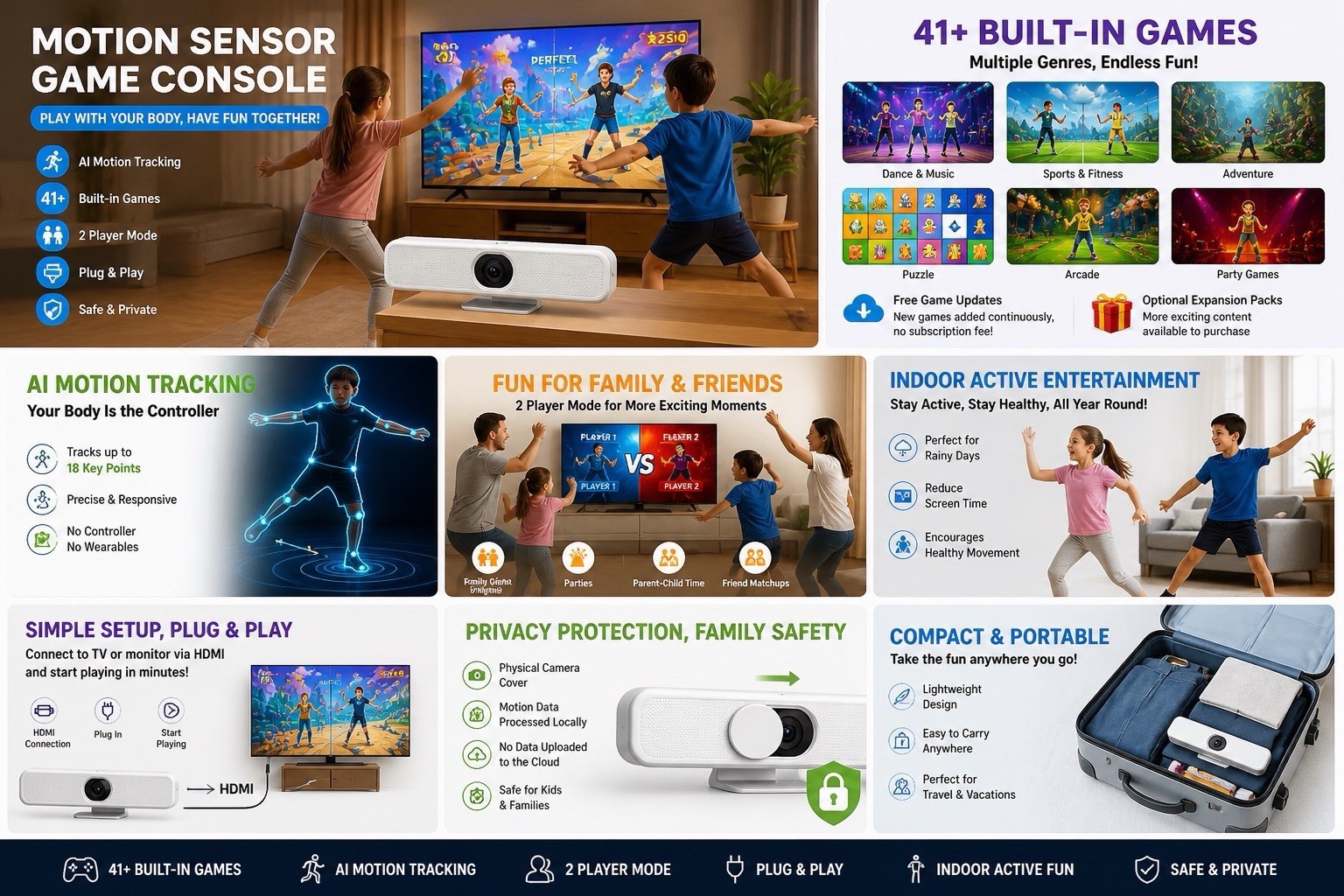 Kids Active Motion Game Console, Built-in game, No controller needed, Family Fun