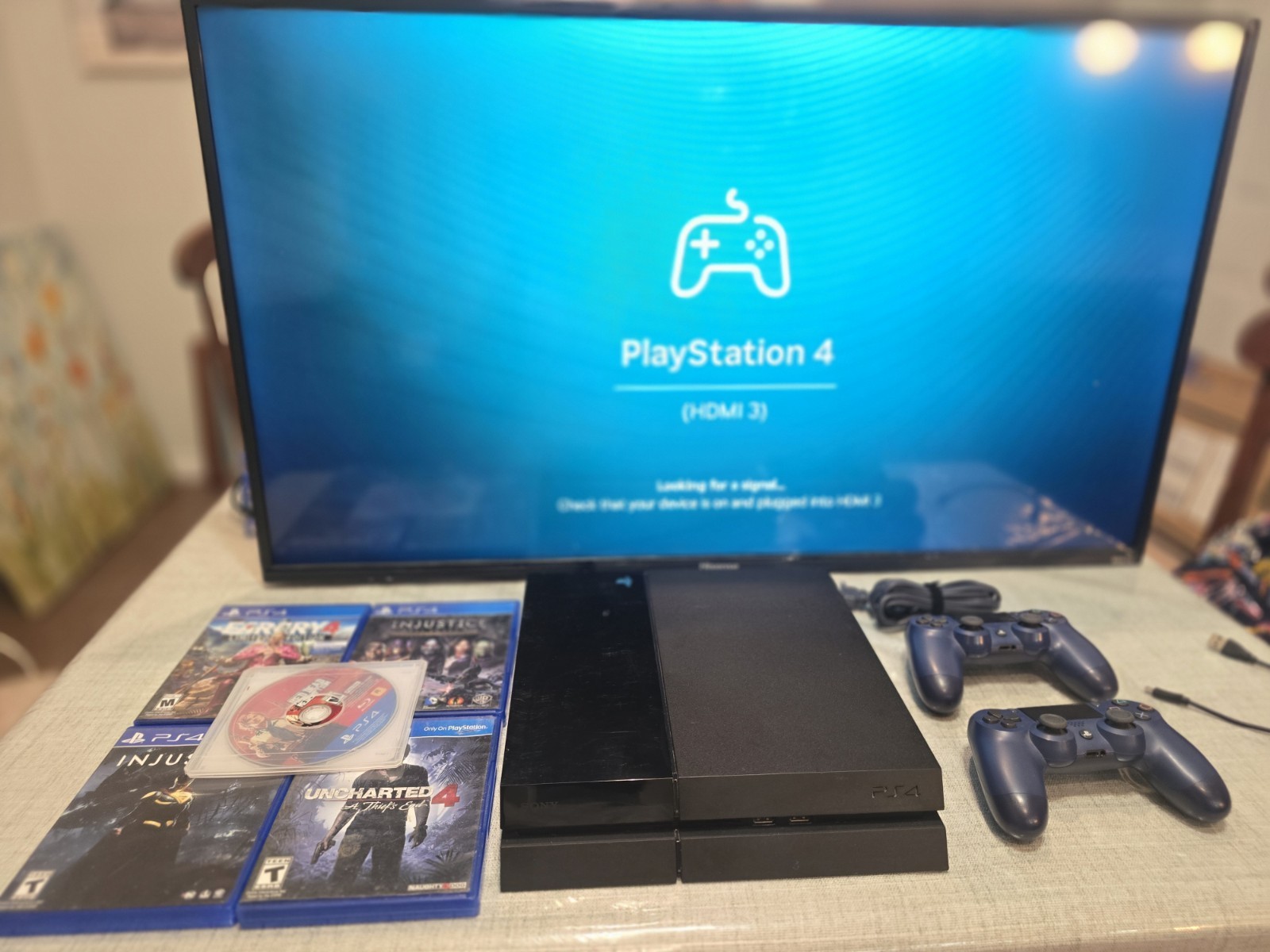 PS4 Console Bundle with 2 Blue DualShock 4 Controllers + 5 Game – Tested Working