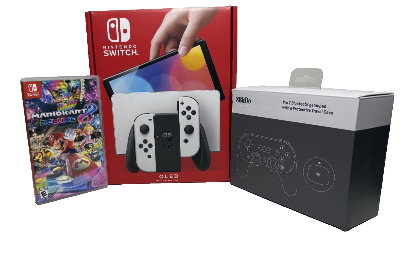 Nintendo Switch OLED 64GB White + Mario Kart 8 Deluxe + 8BitDo Pro 2 Bundle