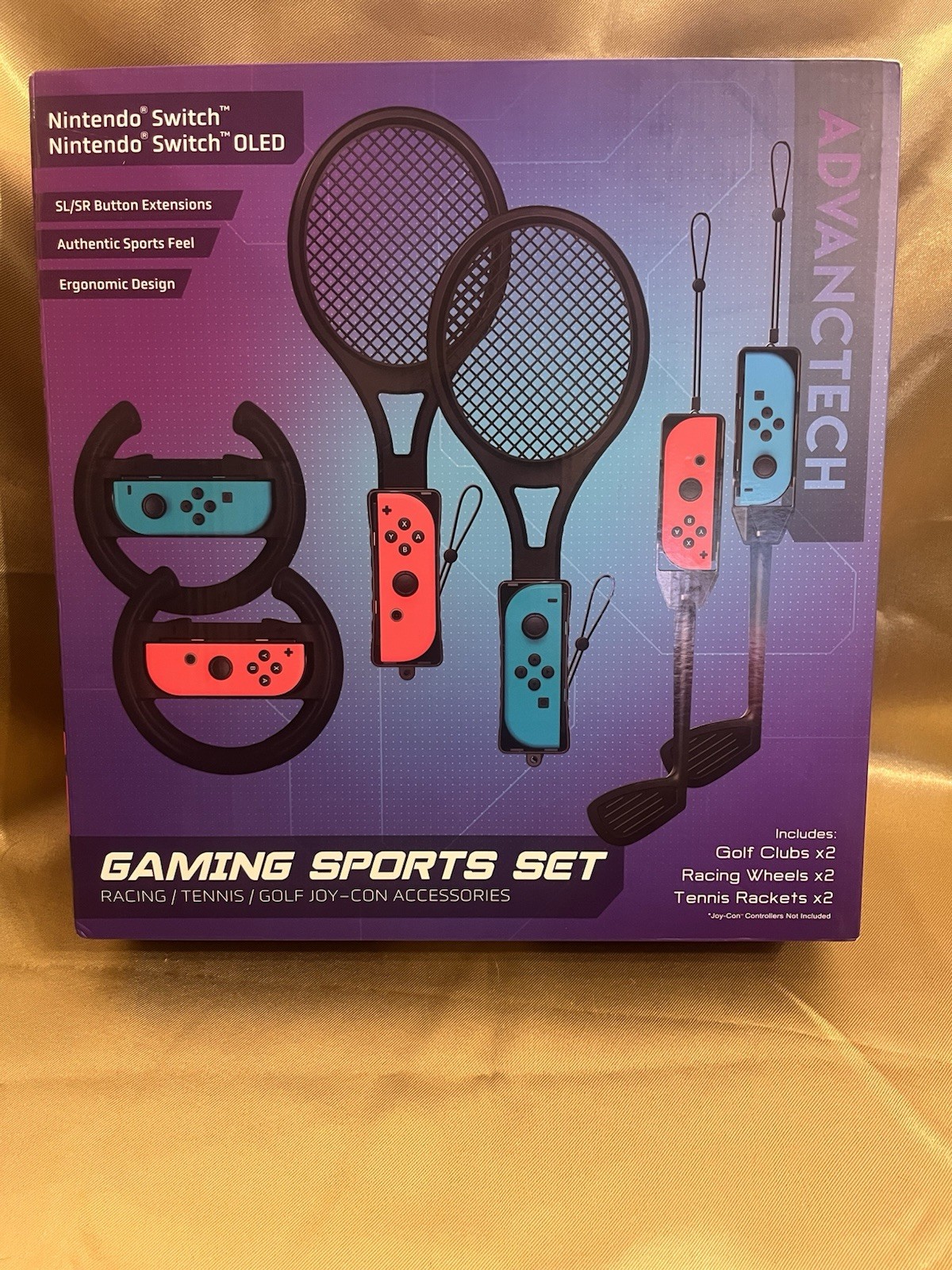Nintendo Switch gaming Sport Set Golf Clubs 2 Racing Wheel 2, Tennis Racket 2