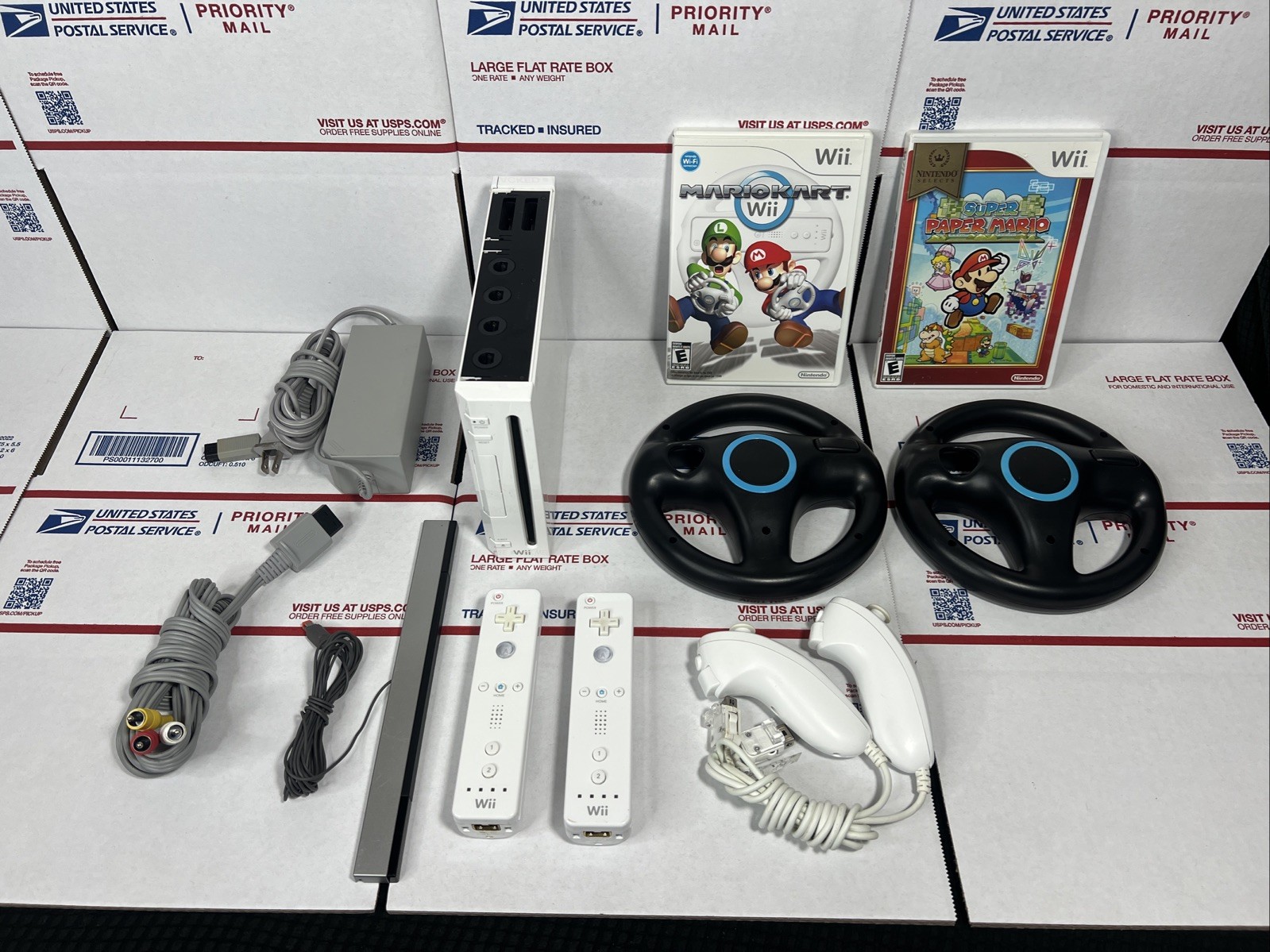 Nintendo Wii Bundle + MARIO KART + PAPER MARIO -+ Wheels – NEXT DAY – WARRANTY