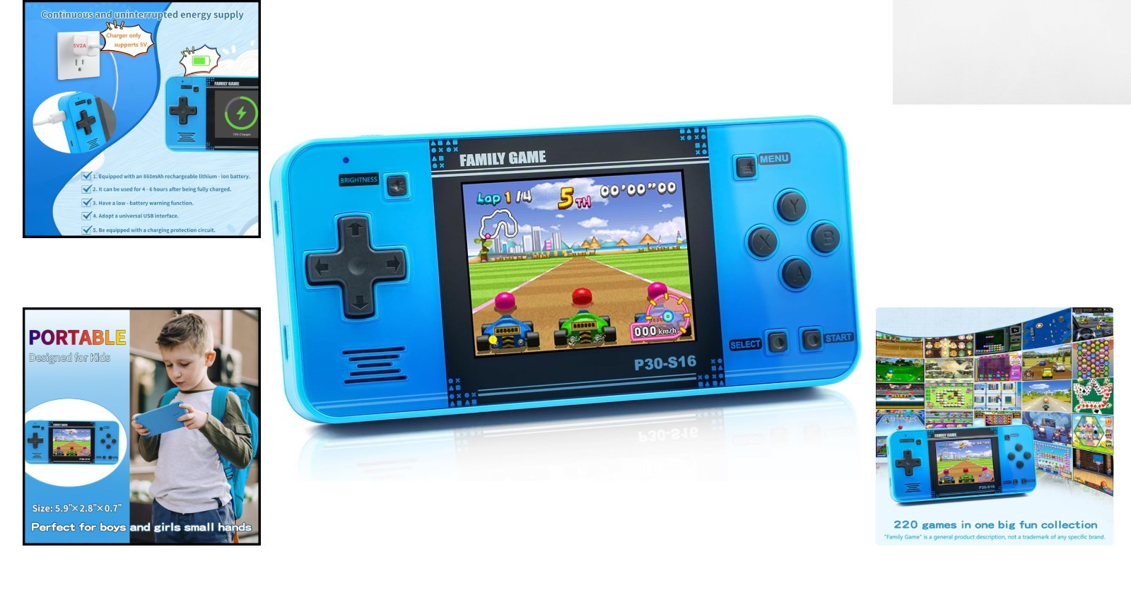 Rechargeable Handheld Game Console for Kids – 220 Engaging Classic Games, Blue