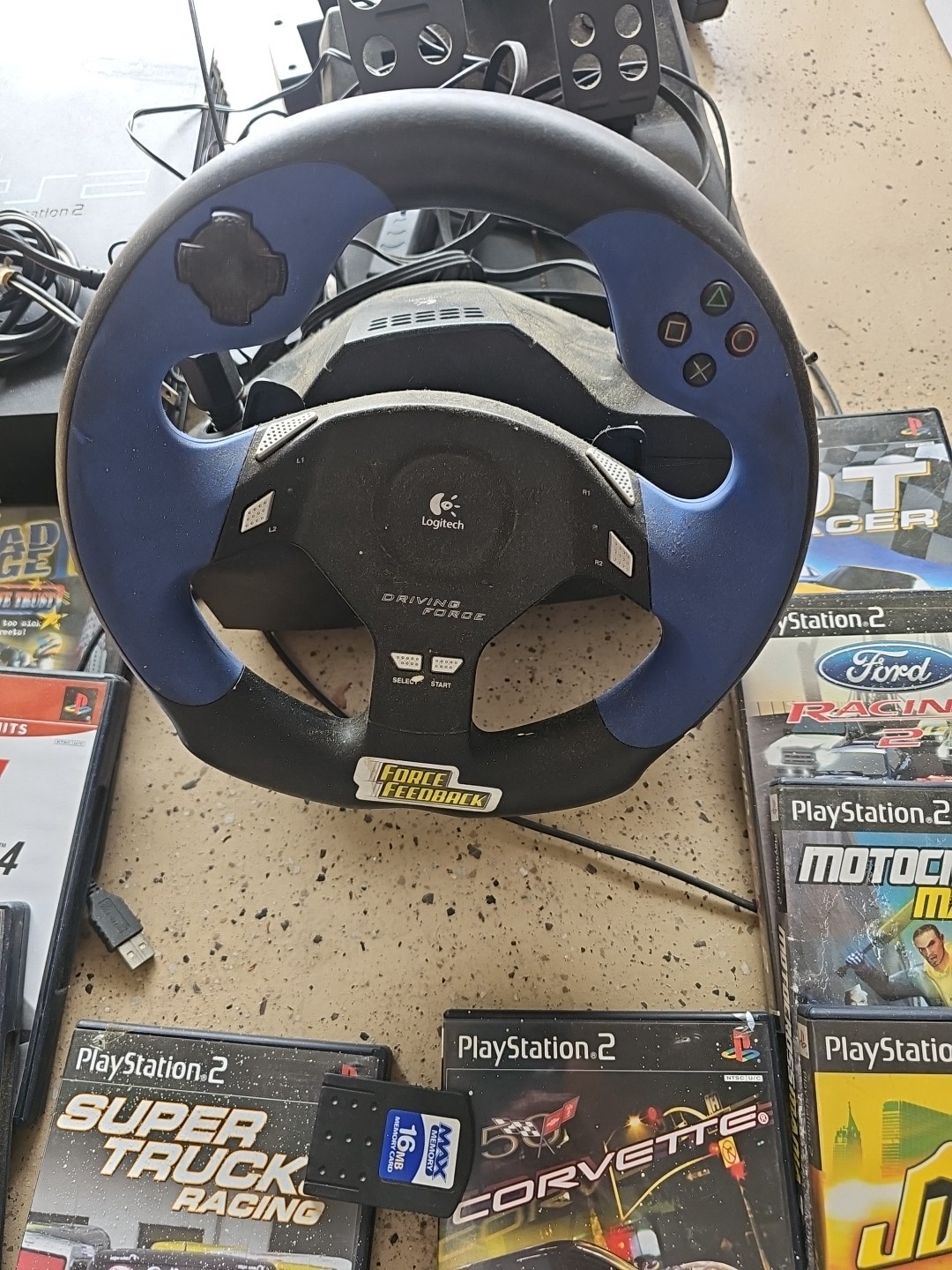 Sony PlayStation 2 PS2 Fat Black Console, Wheel, Pedal and 9 Racing Games